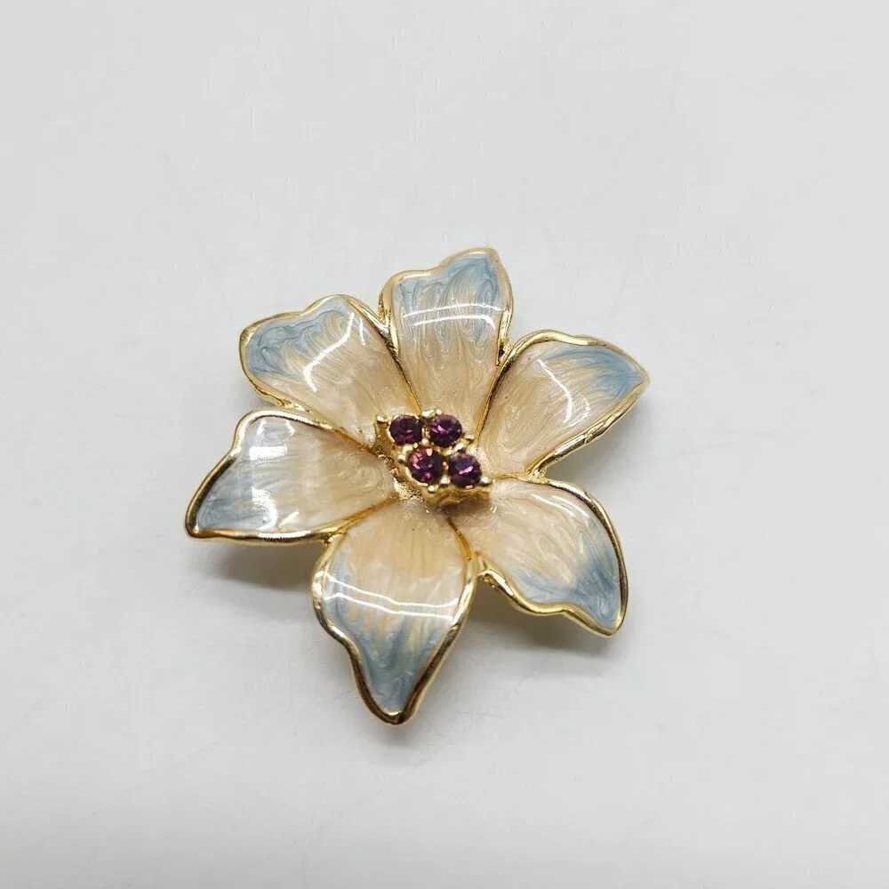 Blue Flower Brooch Gold Tone Elegant Marble Cream Enamel Rhinestone Center